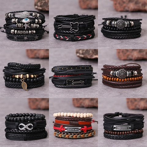 Men Multi-layer Bracelet Vintage Leather Braided Rope Alloy Charms Wooden Beads Adjustable Handmade Retro Punk Style Jewelry