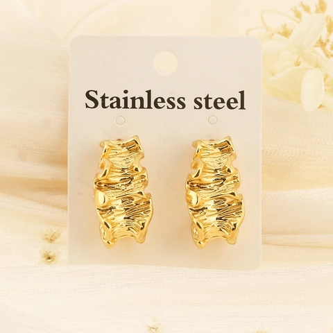 Pendientes Vintage Franceses Plisados Forma C Acero Inoxidable Con Perla Artificial Textura Lava Orgánica Botón Para Mujeres