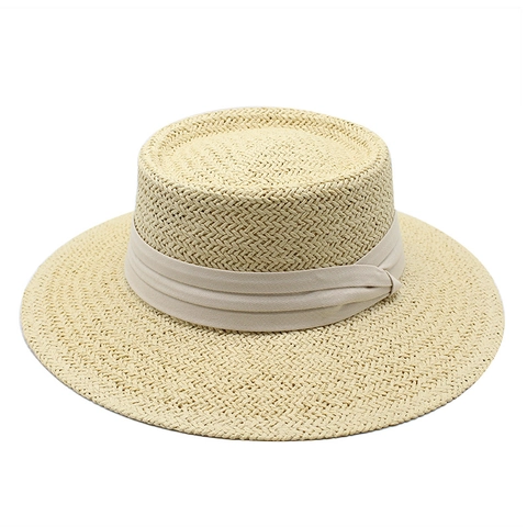 Boater Hat Straw Sun Protection Breathable Flat Top Summer Beach Travel Vacation Classic Ribbon Decor For Men Women