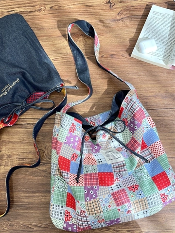 Bolso Tote Retro Étnico Patchwork Pana Denim Gran Capacidad Cierre Cordón Bolso Hombro Cruzado Mujer
