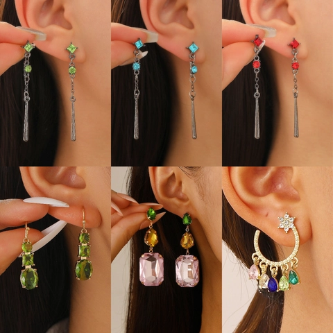 Colorful Rhinestone Geometric Drop Earrings With 14k Gold Earring Post Copper Alloy Fashion Jewelry For Women