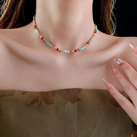 Colorful Crystal Beaded Necklace For Women Multi-color Natural Stone Copper Clavicle Chain Bohemian Retro Style