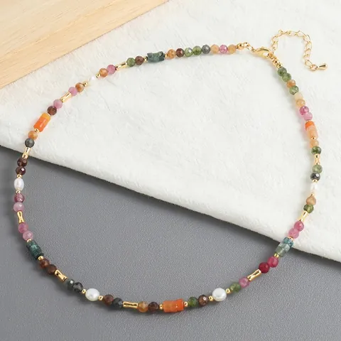 Handmade Beaded Necklace With Natural Freshwater Pearl And Tourmaline Gemstone Gold Plated Copper Sweet Dopamine Style