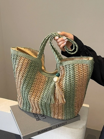 Large Capacity Striped Straw Tote Bag Woven Summer Beach Handbag With Tassel Charm Vacation Casual For Women