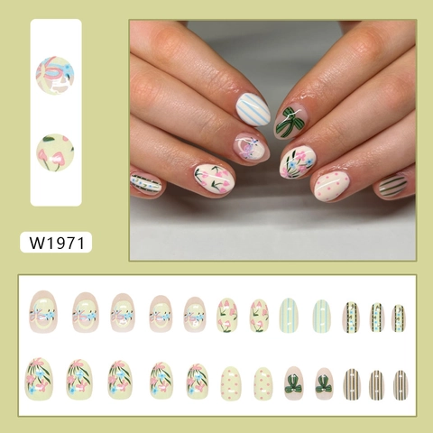 Uñas Postizas Plástico ABS Oval Corto Rosa Amarillo Flor Lazo Rayas Puntos Desmontable Estilo Dulce Para Mujeres