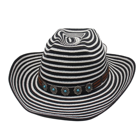 Δυτικό Καπέλο Cowboy Ψάθινο Ριγέ Μεγάλο Γείσο Αντηλιακή Προστασία Παραλία Τζαζ Με Δερμάτινη Ζώνη Τυρκουάζ Και Σχοινί