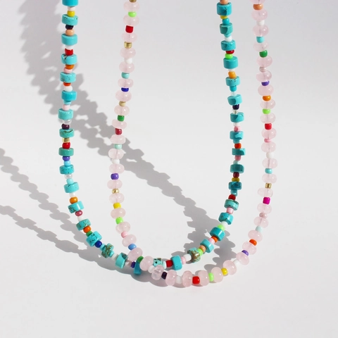 Collana di Perline in Pietra Naturale Fatta a Mano per Donna Colorato Turchese Quarzo Rosa Stile Dopamina Gioielli