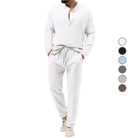 Mens Henley Long Sleeve Shirt And Drawstring Pants Casual Waffle Crepe Textured Solid Color Lounge Wear Outfit