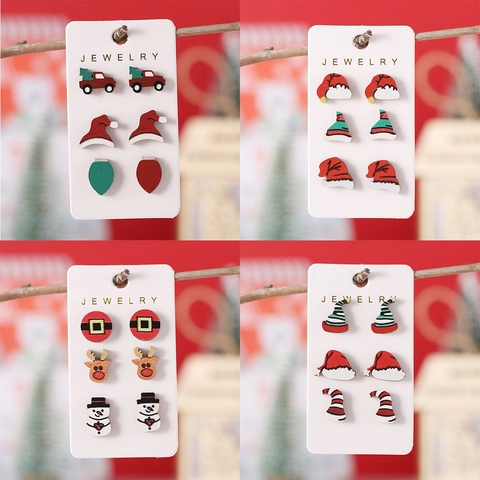 Christmas Stud Earrings Wood Festive Snowman Reindeer Santa Hat Truck And Bulb Ornaments For Women Sweet Holiday Jewelry
