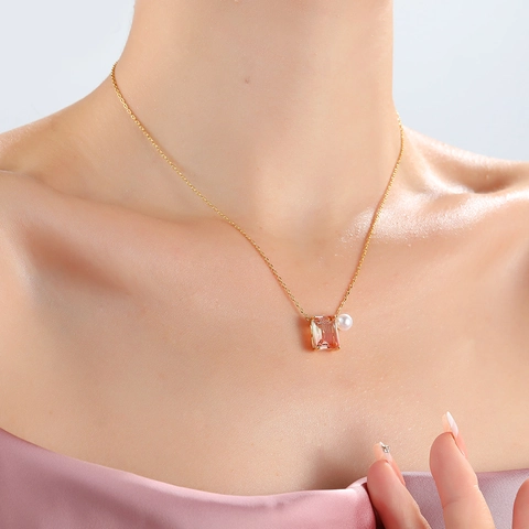 Geometric Rectangle Gradient Zircon And Artificial Pearl Pendant Necklace Brass Gold Plated Minimalist Fashion Jewelry For Women