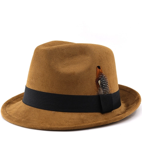 Cappello Fedora Classico In Finta Pelle Scamosciata Con Decorazione Di Piuma E Nastro Stile Vintage Gentleman Jazz Panama Unisex