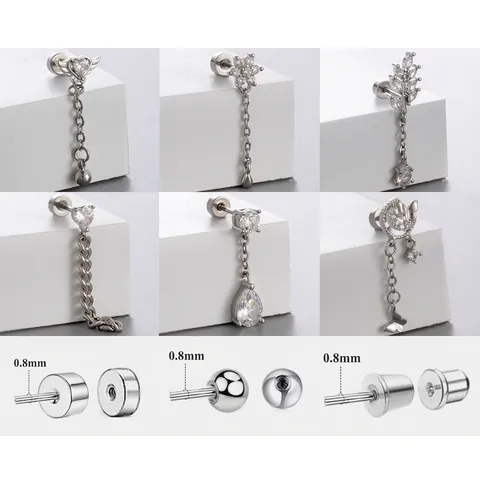 Titanium Stahl Knorpel Stecker Ohrringe Mit Zirkon Herz Blume Schmetterling Kette Schraubverschluss Piercing Schmuck Damen