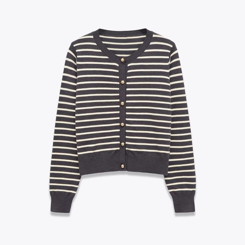 Cardigan En Maille Rayé Femmes Col Rond Manches Longues Bouton Doré Bordure Côtelée Vêtements De Dessus Chic En Polyester