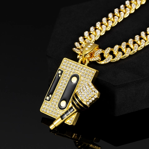 Hip Hop Microphone Cassette Tape Pendant Necklace Zinc Alloy Rhinestone Cuban Chain Retro Streetwear For Men Women