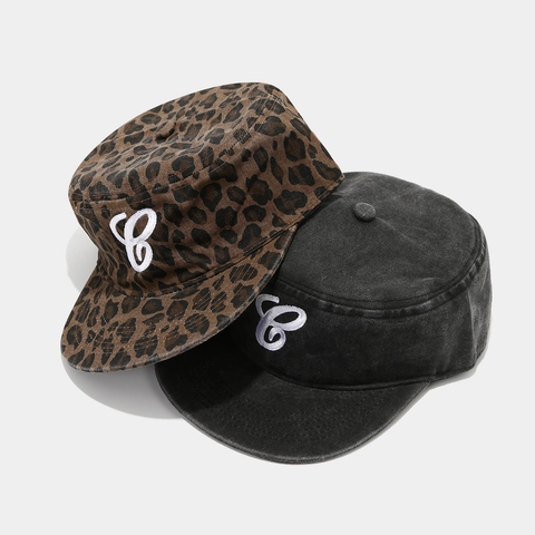 Vintage Cadet Cap Pure Cotton Washed Flat Top Hat With Letter Embroidery Leopard Camouflage Print Adjustable Sun Hat