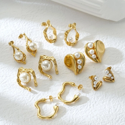 Orecchini Di Künstliche Perle Artificiali Geometrici Irregolari Acciaio Inossidabile Placcato Oro 18K Stile OL Elegante