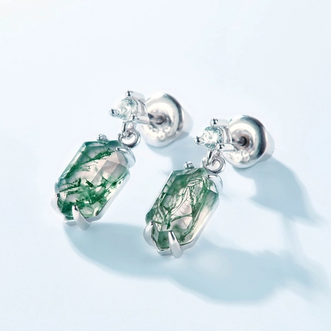 Grüne Moosachat Ohrhänger Mit 925 Sterling Silber Ohrstecker Sechskant Schnitt Vintage Geometrischer Schmuck Für Damen