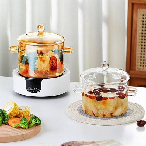 Olla De Sopa De Vidrio De Borosilicato Transparente Ámbar Resistente Al Calor Con Tapa Asas Dobles Cocina Leche Fideos Microondas