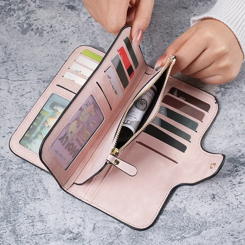 Womens Long Wallet PU Leather Frosted Suede Texture Snap Button Zipper Pocket Multiple Card Slots Clutch Handbag