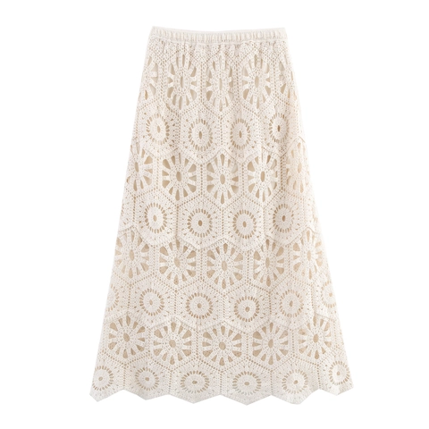 Jupe Crochet Femme Ajourée Tricot Longue Taille Élastique Vacances Plage Bohème Crème