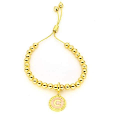 Bracelet Pendentif Lettre Initiale Cuivre Plaqué Or 18K Perles Ajustable Émail Rose Bijoux Mode Femmes