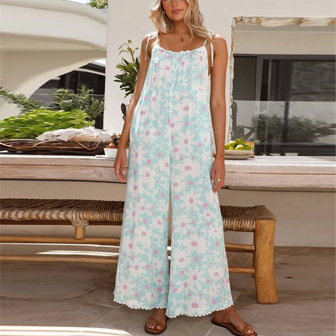 Mono De Mujer Con Estampado Floral Poliéster Sin Mangas Espalda Descubierta Pierna Ancha Vacaciones Estilo Boho Encaje