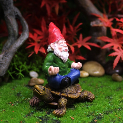 Meditating Garden Gnome Statue On Turtle Resin Zen Yoga Sculpture Hand Painted Outdoor Miniature Fairy Garden Ornament Decor