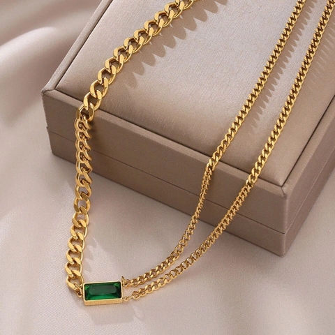 Emerald Green Zircon Stainless Steel Necklace Rectangular Pendant Double Layer Curb Chain Retro Elegant For Women