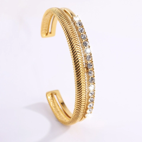 Stainless Steel Double Layer Open Bangle Gold Plated Rhinestone Herringbone Pattern Retro Vacation Fashion Cuff Bracelet