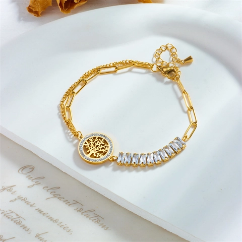 Fashion Tree Of Life Stainless Steel Bracelet For Women Gold Plated Irregular Chain Baguette Rhinestone Charm Jewelry Gift