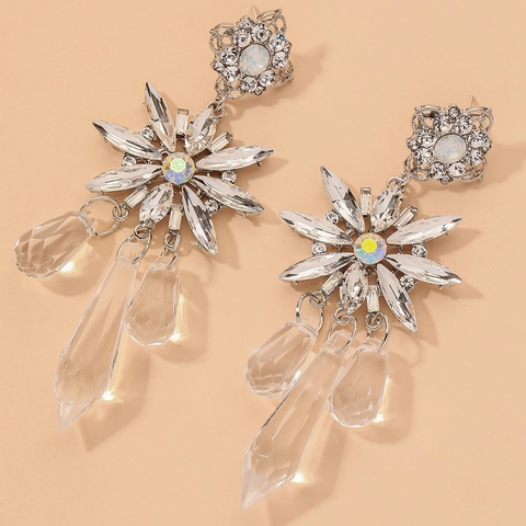 Pendientes Colgantes Flor Estrella Aleación Diamantes De Imitación Cristal Con Poste De Plata Esterlina 925 Borla Mujer