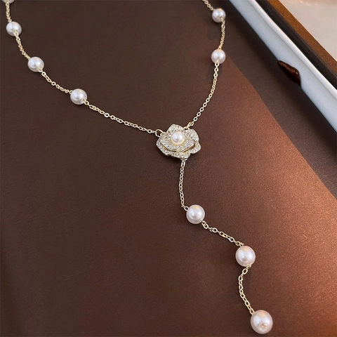 Bloemenhanger Ketting Koper Zirkoon Imitatieparel Elegante Y-Vorm Lange Ketting Dagelijkse Sieraden Accessoires Voor Dames