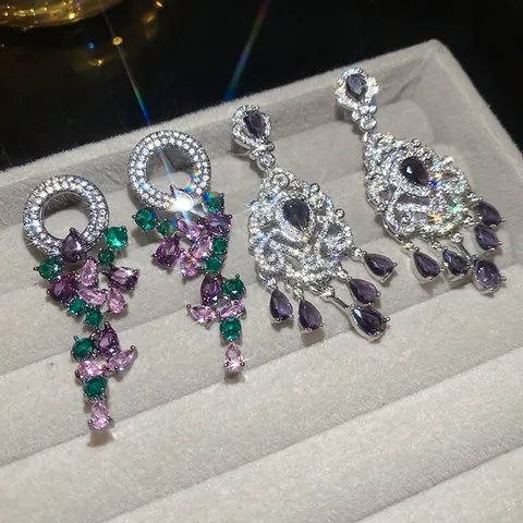 Vintage Palace Dangle Drop Ohrringe Kupfer Mehrfarbig Zirkon Quasten Mit Silbernem Ohrstecker Luxus Elegant Damen Schmuck