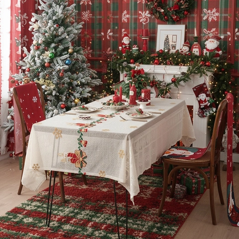 Nappe De Noël Dentelle Polyester Brodé Rectangulaire Cloche Flocon De Neige Creux Housse De Table Festive Décor De Fête
