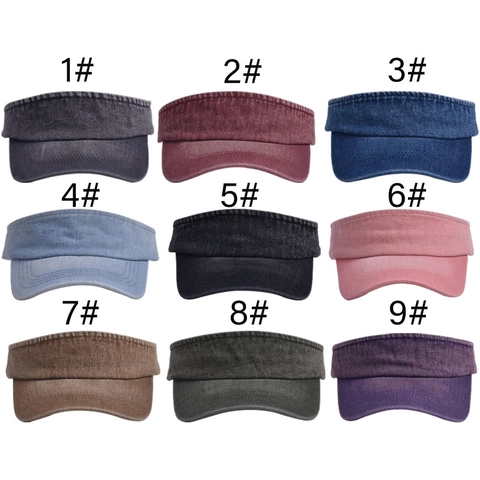 Sun Visor Hat Washed Cotton Denim Empty Top Cap Breathable Adjustable Sports Golf Tennis Running Retro Distressed Unisex