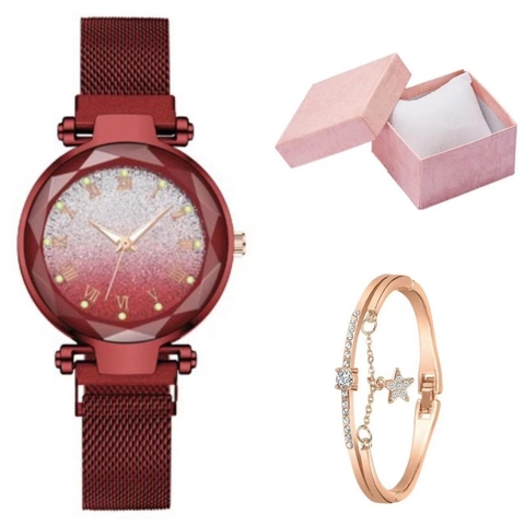 Orologio Quarzo Donna Elegante Quadrante Glitter Cielo Stellato Numeri Romani Cinturino Magnetico Stella