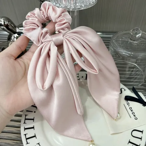 Elegante Coletero De Satén Con Lazo Para Mujeres Niñas Goma Del Pelo Hecha A Mano Aspecto Satén Con Colgante De Perla Artificial Cinta Suave Accesorios Pelo