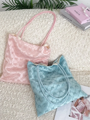 Sac Fourre-Tout Pour Femmes À Motif De Nœud Matelassé Grande Capacité Polyester Dentelle Sac À Épaule Style Coréen Doux