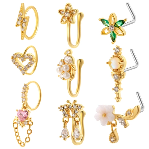 Titanium Steel Nose Stud Zircon Inlaid Heart Lightning Shape Piercing Body Jewelry Fashion Accessory Women