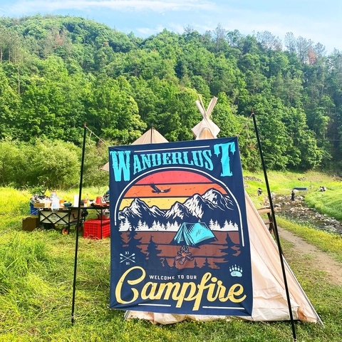 Camping Wandtapijt Muurophanging Polyester Cartoon Illustratie Retro Outdoor Avontuur Feestdecoratie