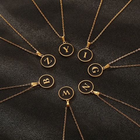 Ronde Letter Ketting Roestvrij Staal Verguld Zwart Emaille Initiaal Hanger Trendy Retro Sleutelbeentje Ketting Voor Dames
