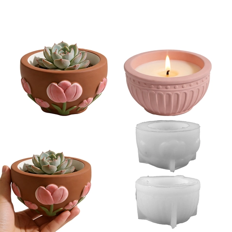Silicone Mold For DIY Relief Flower Bowl Candle Cup Embossed Tulip Flower Pot Plaster Casting Home Decor Tool