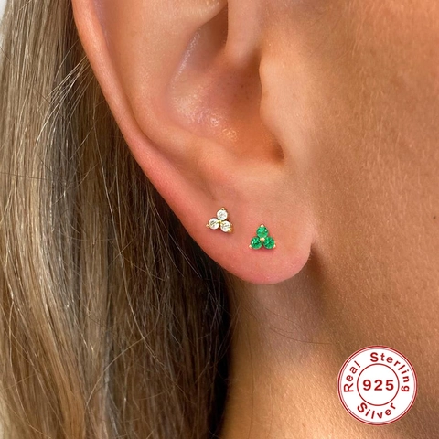 Clover Stud Earrings Geometric Colorful Zircon With 925 Sterling Silver Earring Post Floral Jewelry For Women