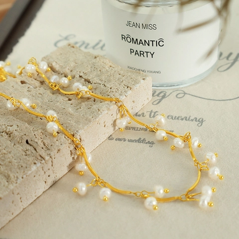 Franse Vintage Zoetwaterparel Kwastje Halsketting Elegant Goud Titaniumstaal Golf Ketting Choker Bruiloft Banket Sieraden