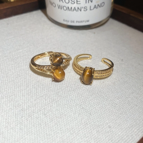 Vintage Open Ring Tiger Eye Stone Zircon Gold Plated Copper Adjustable Finger Jewelry For Women Niche Aesthetic