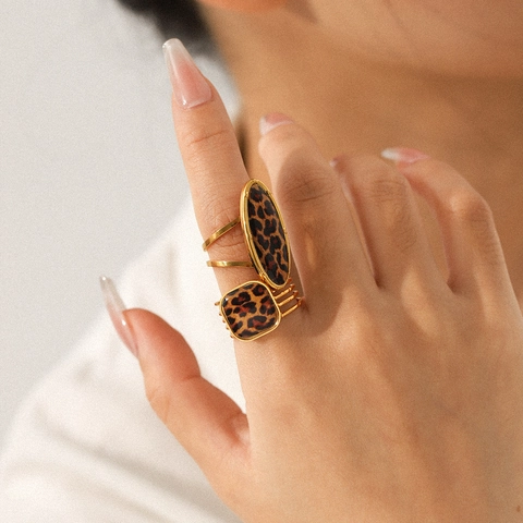 Geometric Leopard Print Open Ring Stainless Steel Gold Plated Adjustable Vintage Bohemian Style Jewelry For Women