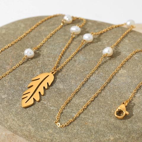 Collana Con Ciondolo A Piuma E Künstliche Perle In Acciaio Inossidabile Catena Per Clavicicola A Foglia Cava Da Donna Gioielli