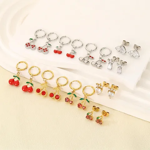 Frucht Kirsche Erdbeere Stecker Creolen Edelstahl Mit Zirkon Emaille Süßer Modeschmuck Für Damen