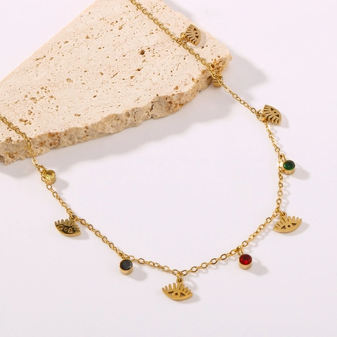 Evil Eye Anhänger Halskette 18K Vergoldet Edelstahl Mehrfarbige Achat Zirkon Boho Ins Stil Schmuck Für Frauen