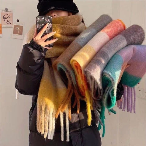 Damen Winter Karierter Fransenschal Dicke Kaschmir-Imitat Weich Warm Übergröße Gitter Schal Wrap Mode Koreanischer Stil